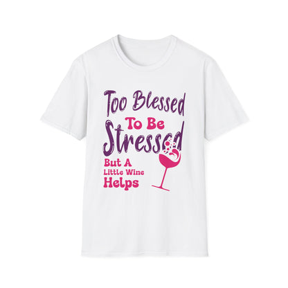 White t-shirt with purple and pink text and a wine glass graphic on a white background
