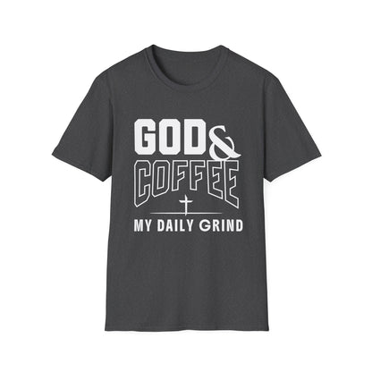Dark gray t-shirt with 'GOD & COFFEE MY DAILY GRIND' text on a white background