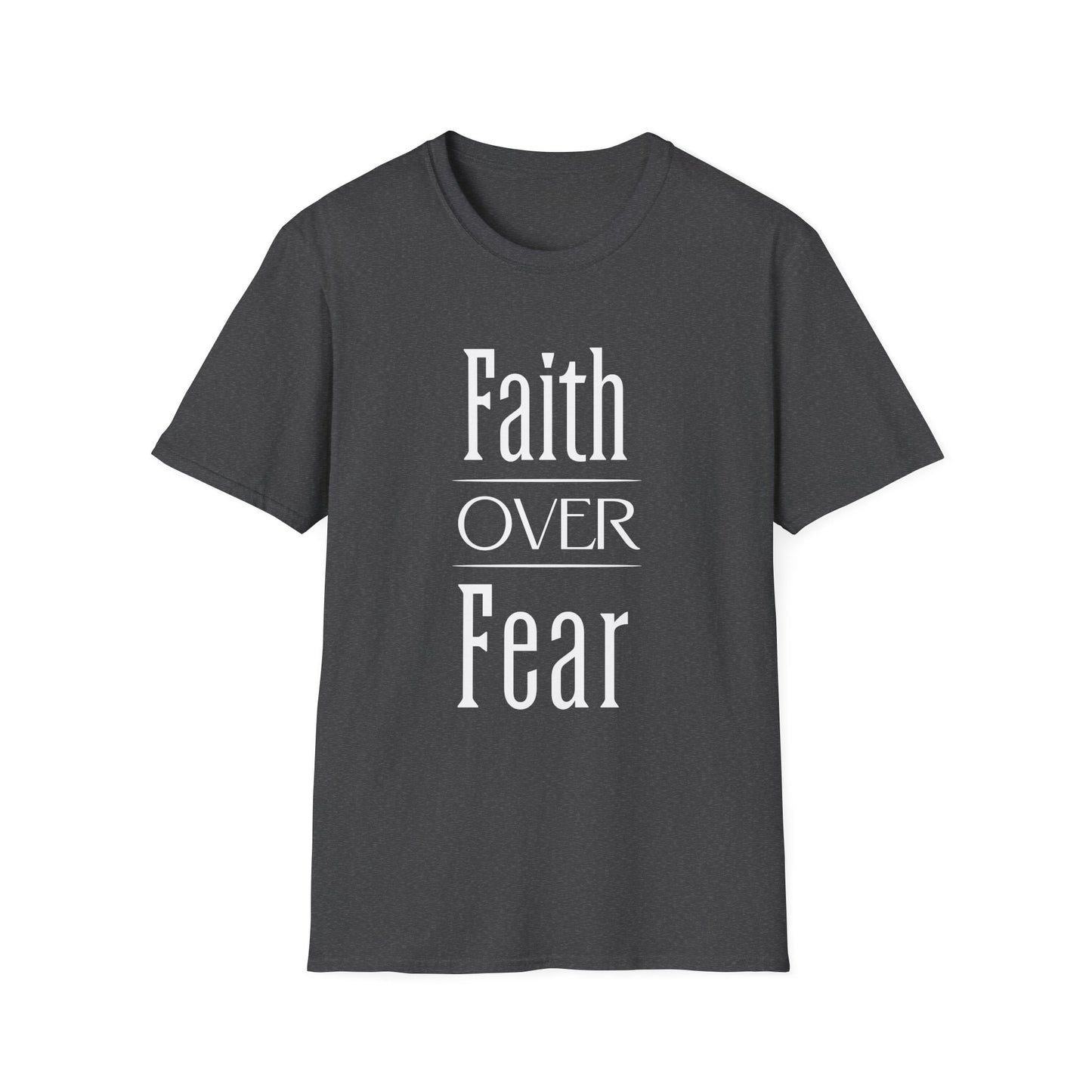Dark gray t-shirt with 'Faith Over Fear' text on a white background