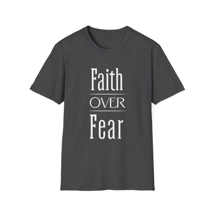Dark gray t-shirt with 'Faith Over Fear' text on a white background