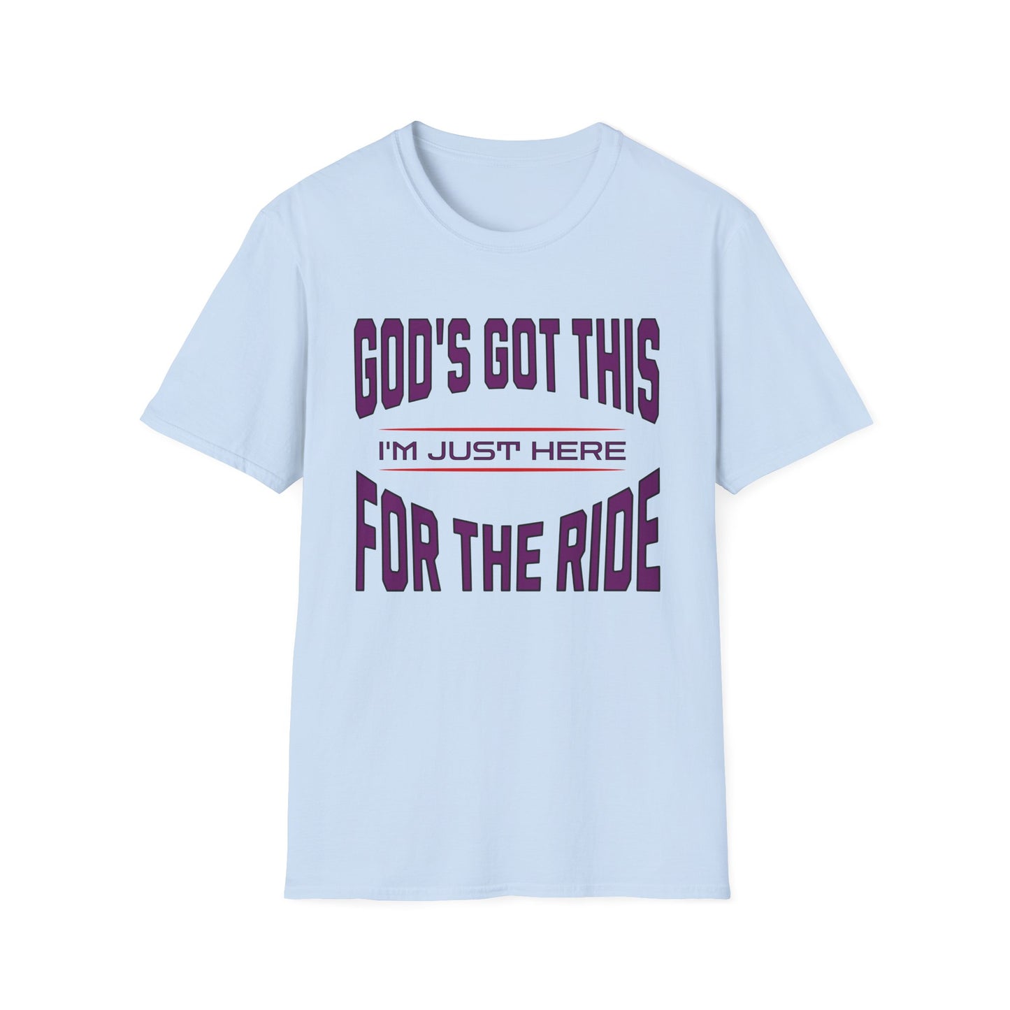 Light blue t-shirt with purple text on a white background