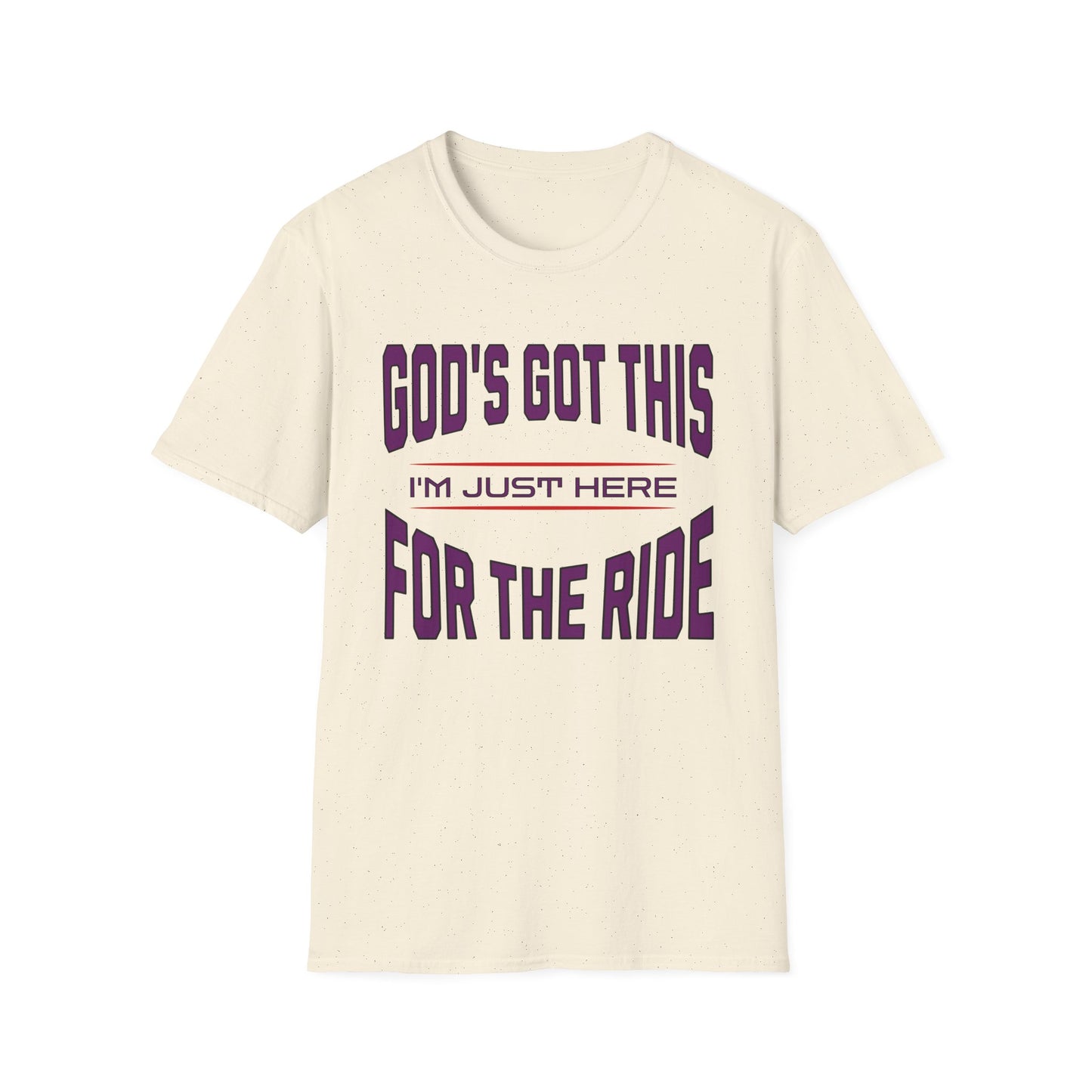 Beige t-shirt with purple text on a white background