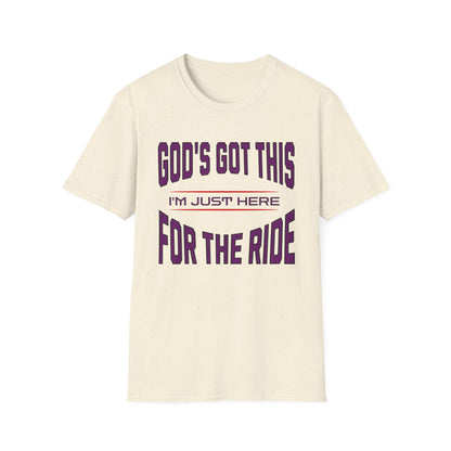 Beige t-shirt with purple text on a white background
