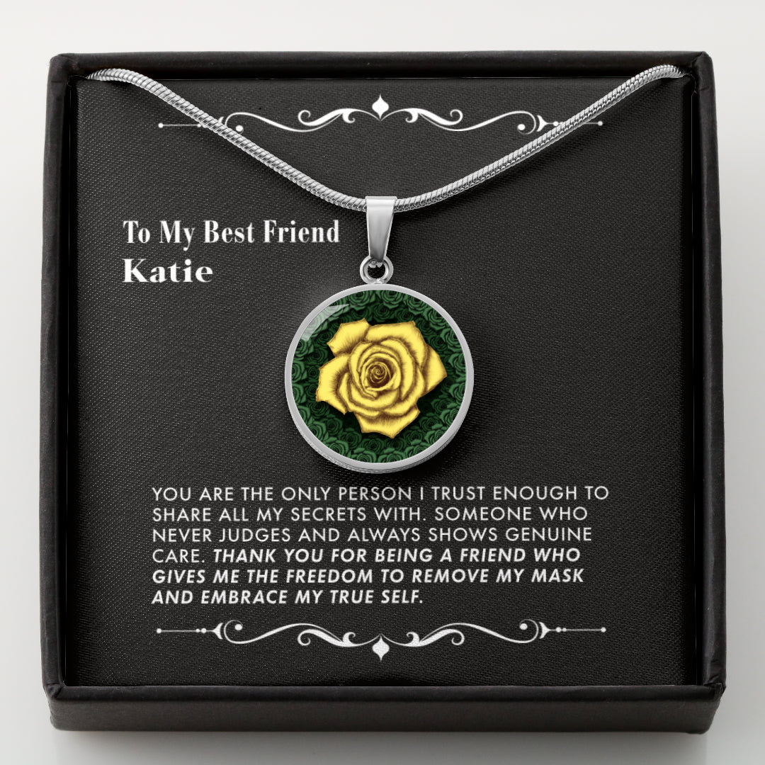 Necklace with a yellow rose pendant in a black gift box with a message card.