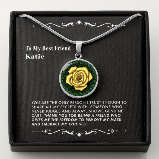 Necklace with a yellow rose pendant in a black gift box with a message card.