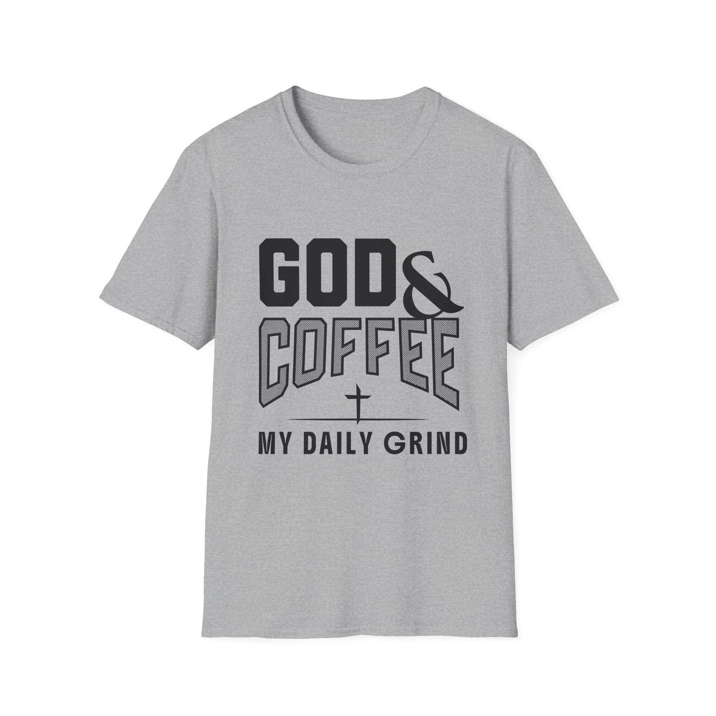 Gray t-shirt with 'God & Coffee My Daily Grind' text on a white background