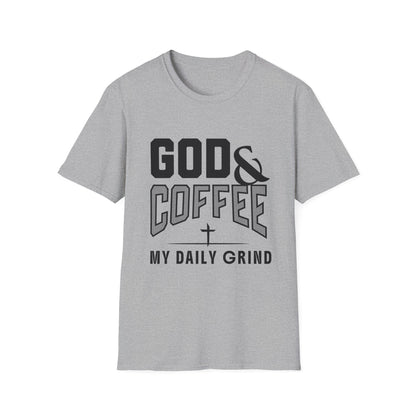 Gray t-shirt with 'God & Coffee My Daily Grind' text on a white background