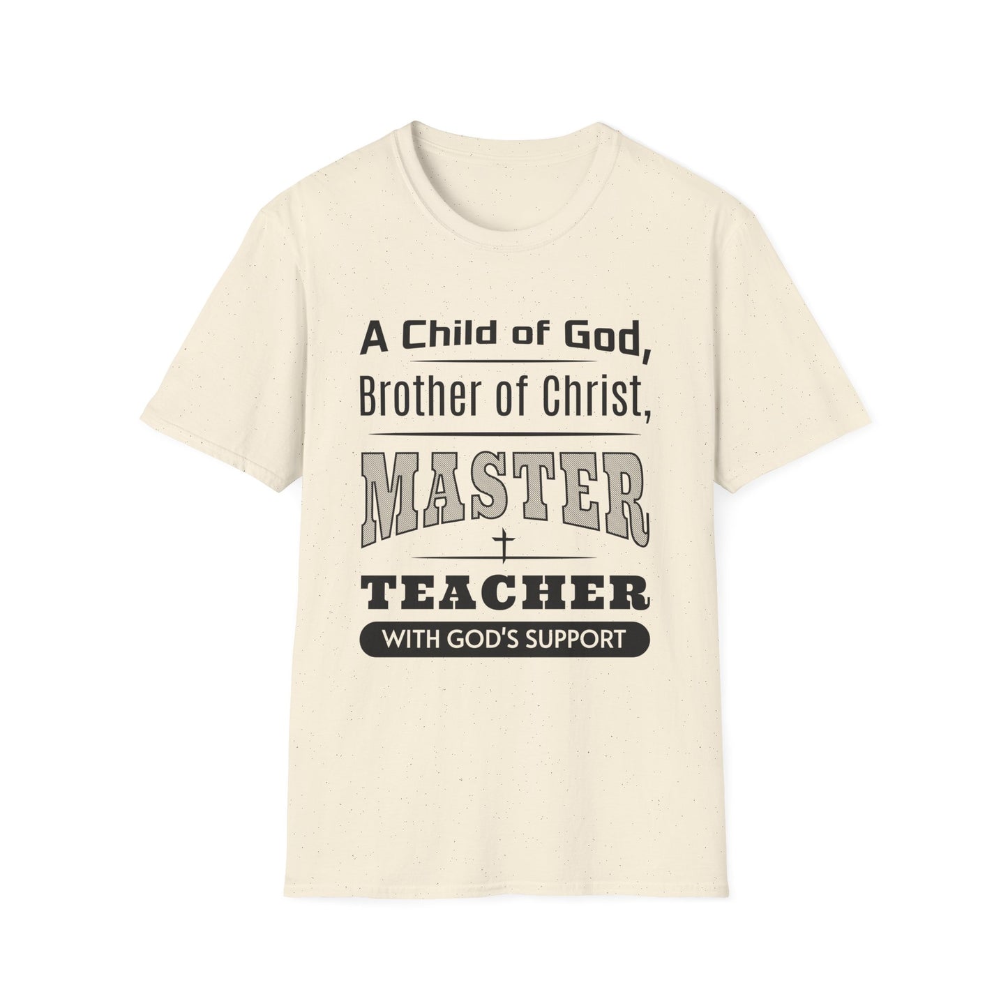 Beige t-shirt with black text on a white background