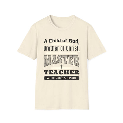 Beige t-shirt with black text on a white background