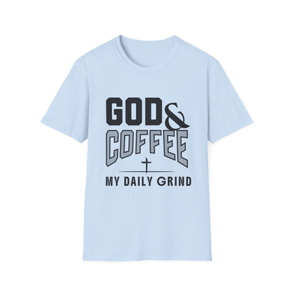 Light blue t-shirt with black text 'GOD & COFFEE MY DAILY GRIND' on a white background