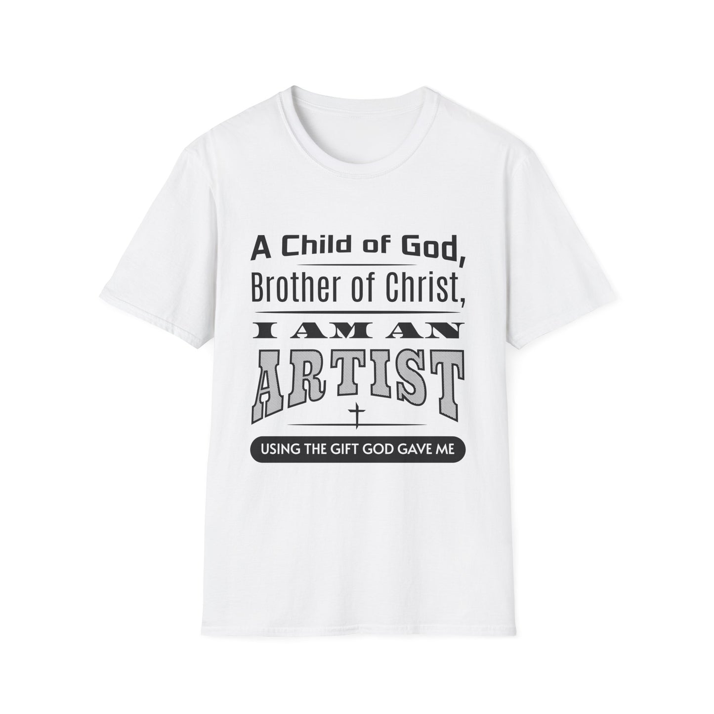 White t-shirt with black text on a white background