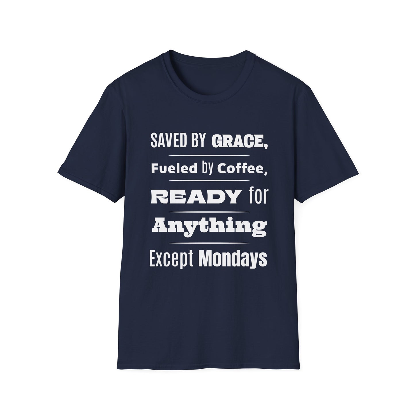 Navy blue t-shirt with white text on a white background