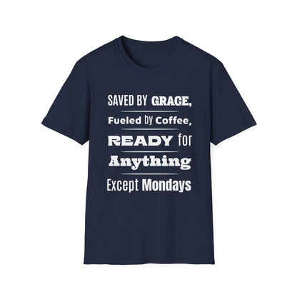 Navy blue t-shirt with white text on a white background
