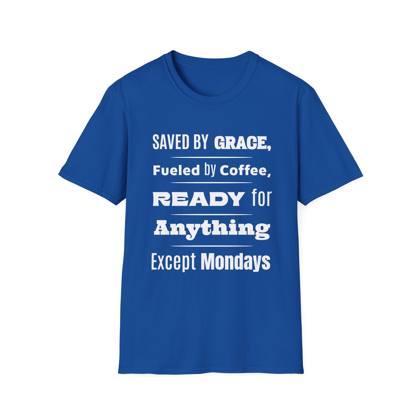 Blue t-shirt with white text on a white background
