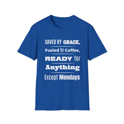 Blue t-shirt with white text on a white background