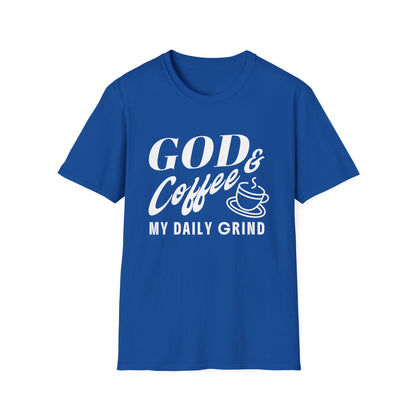 Blue t-shirt with white text 'GOD & Coffee = MY DAILY GRIND' on a white background