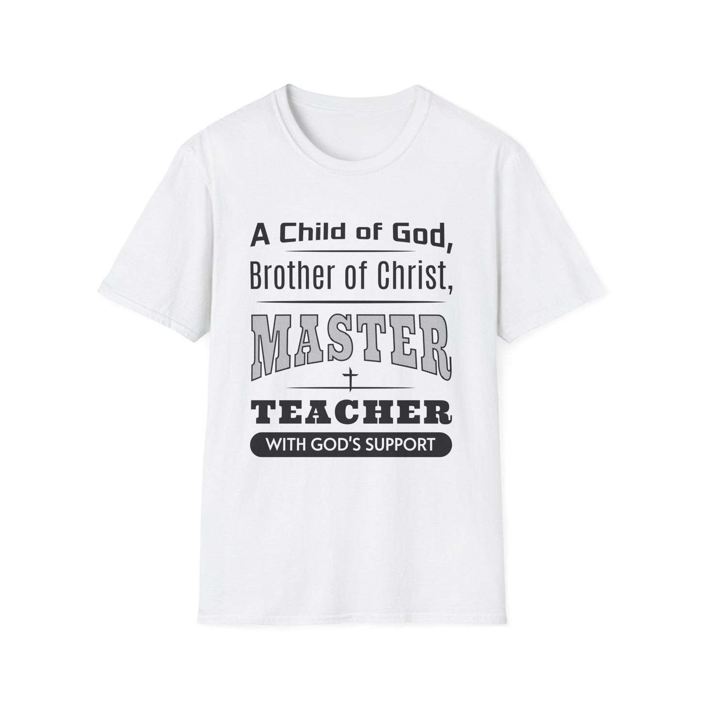 White t-shirt with black text on a white background