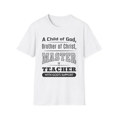 White t-shirt with black text on a white background