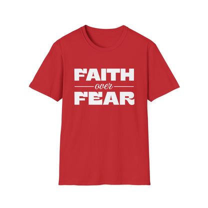 Red t-shirt with 'FAITH over FEAR' text on a white background