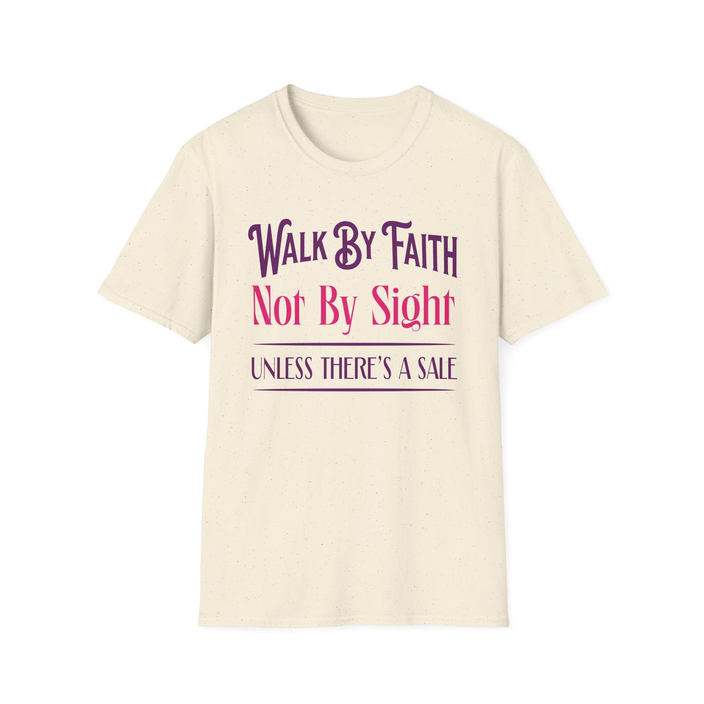 Beige t-shirt with purple and red text on a white background