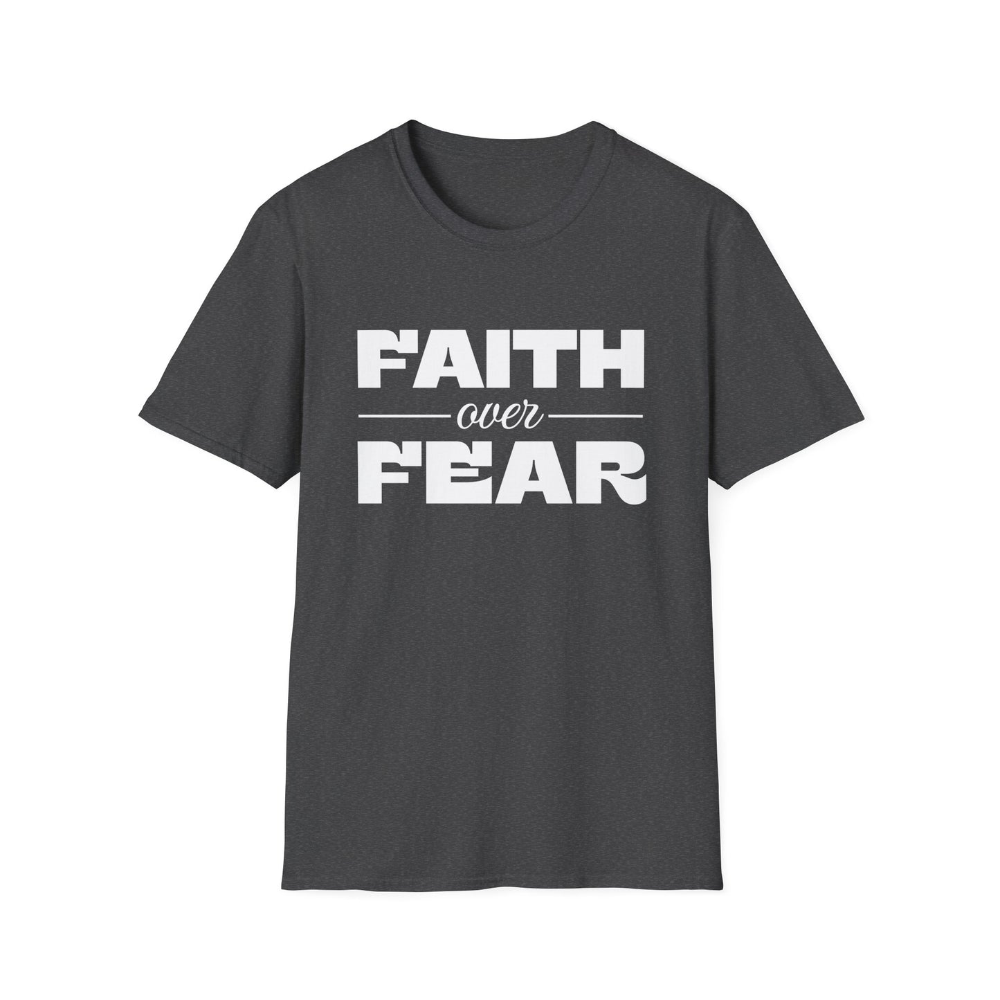 Dark gray t-shirt with 'Faith over Fear' text on a white background
