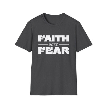 Dark gray t-shirt with 'Faith over Fear' text on a white background
