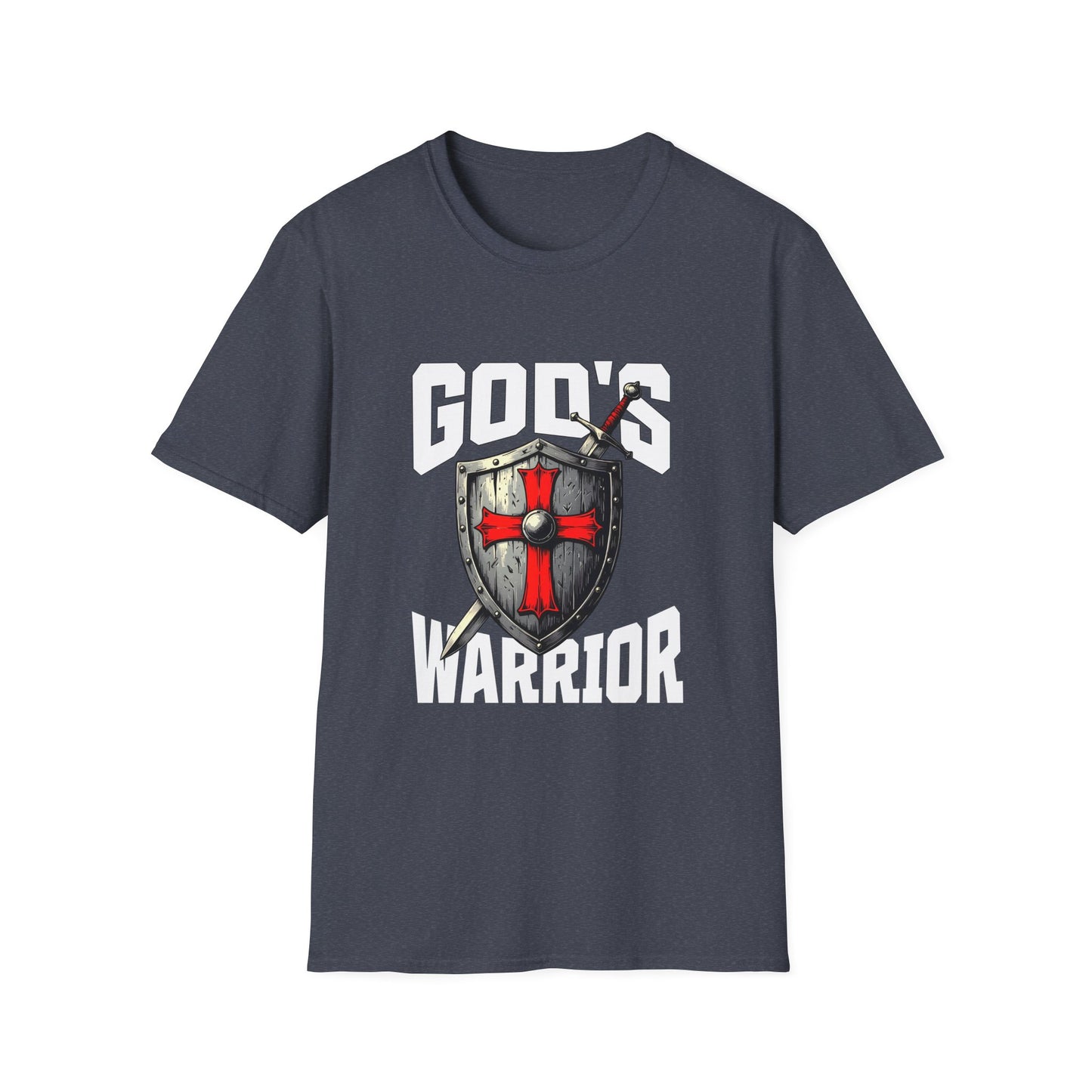 Gray t-shirt with 'God's Warrior' graphic design on a white background