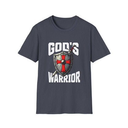Gray t-shirt with 'God's Warrior' graphic design on a white background