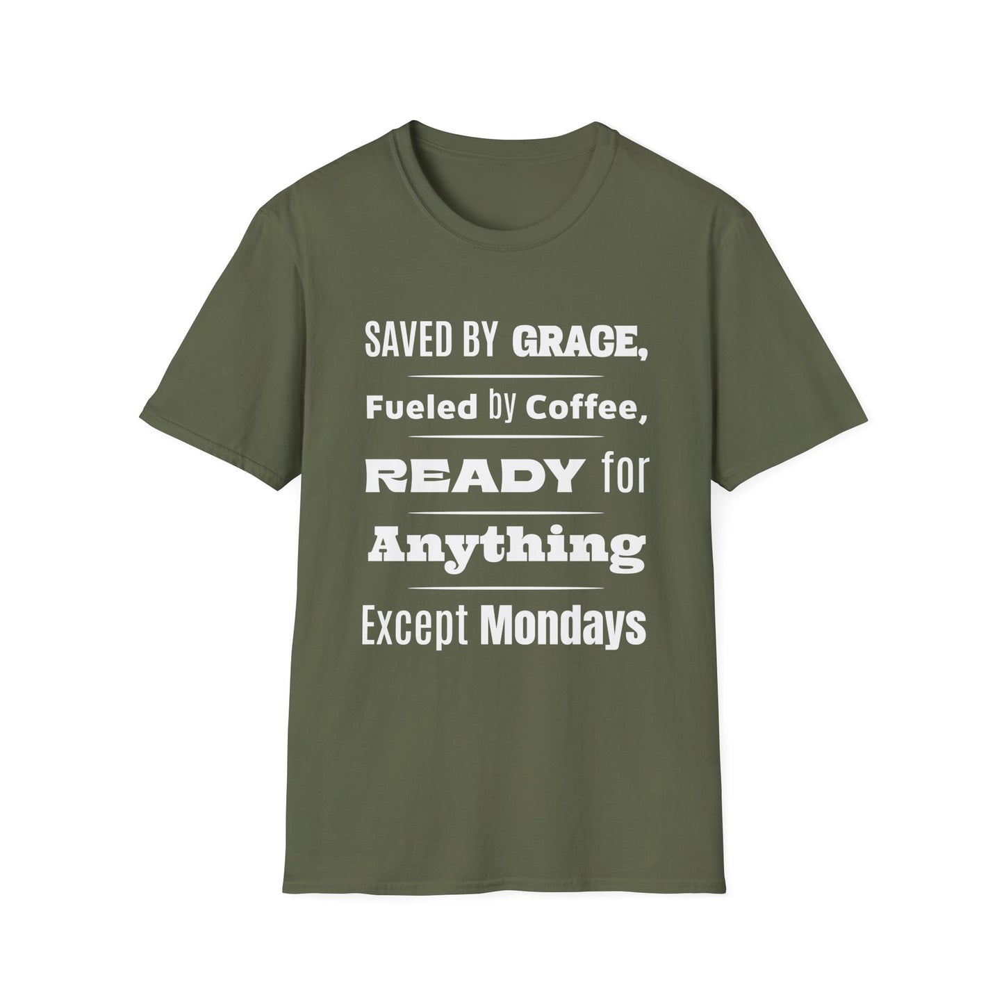 Green t-shirt with white text on a white background