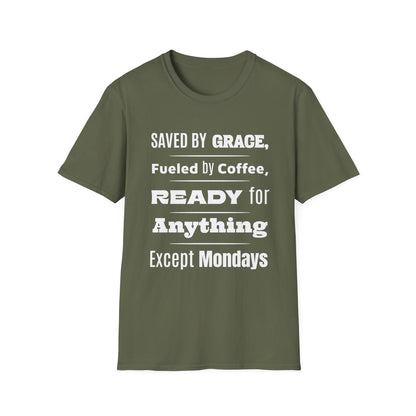 Green t-shirt with white text on a white background