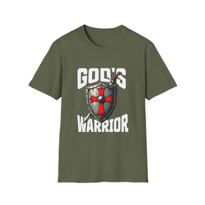 Green t-shirt with 'God's Warrior' graphic design on a white background