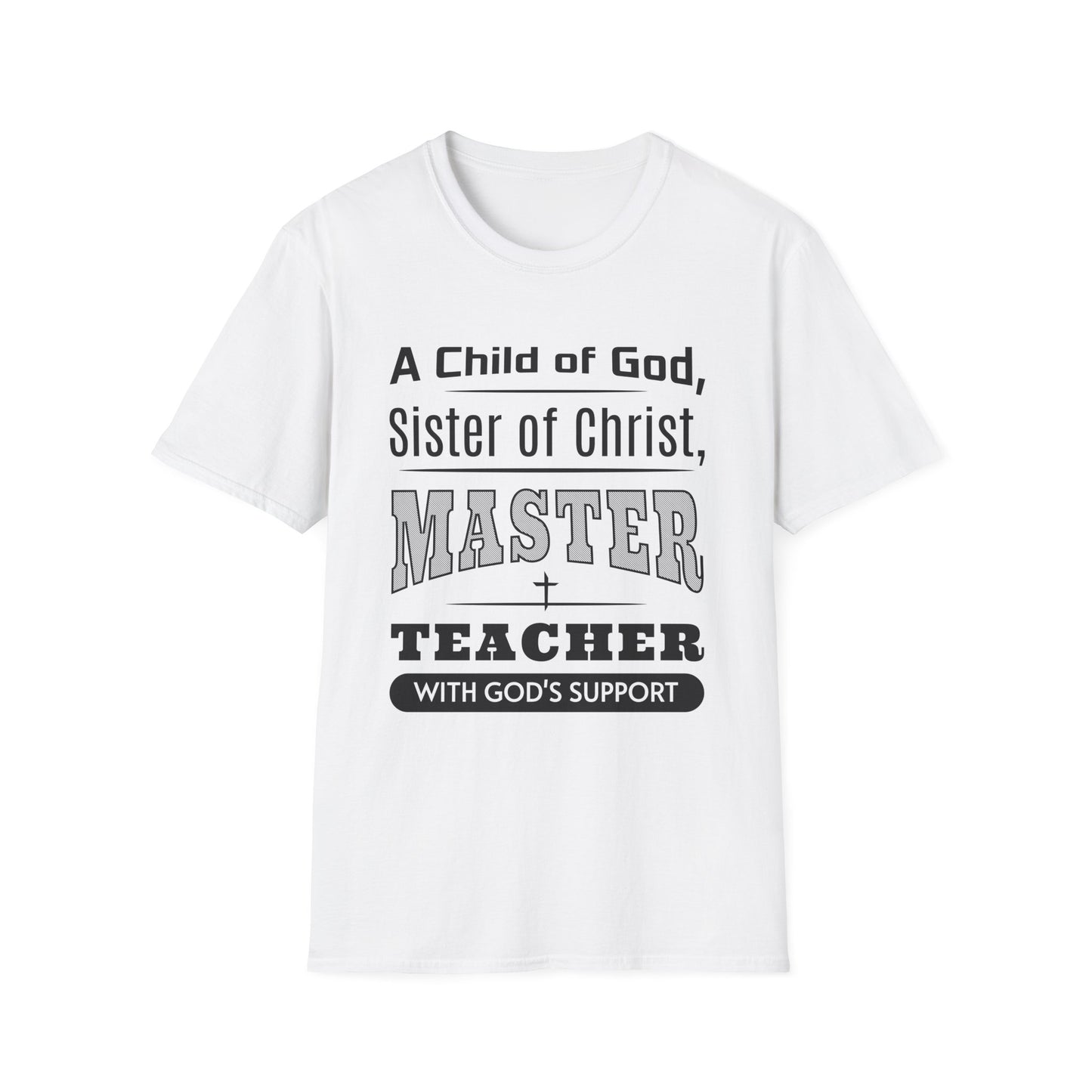 White t-shirt with black text on a white background