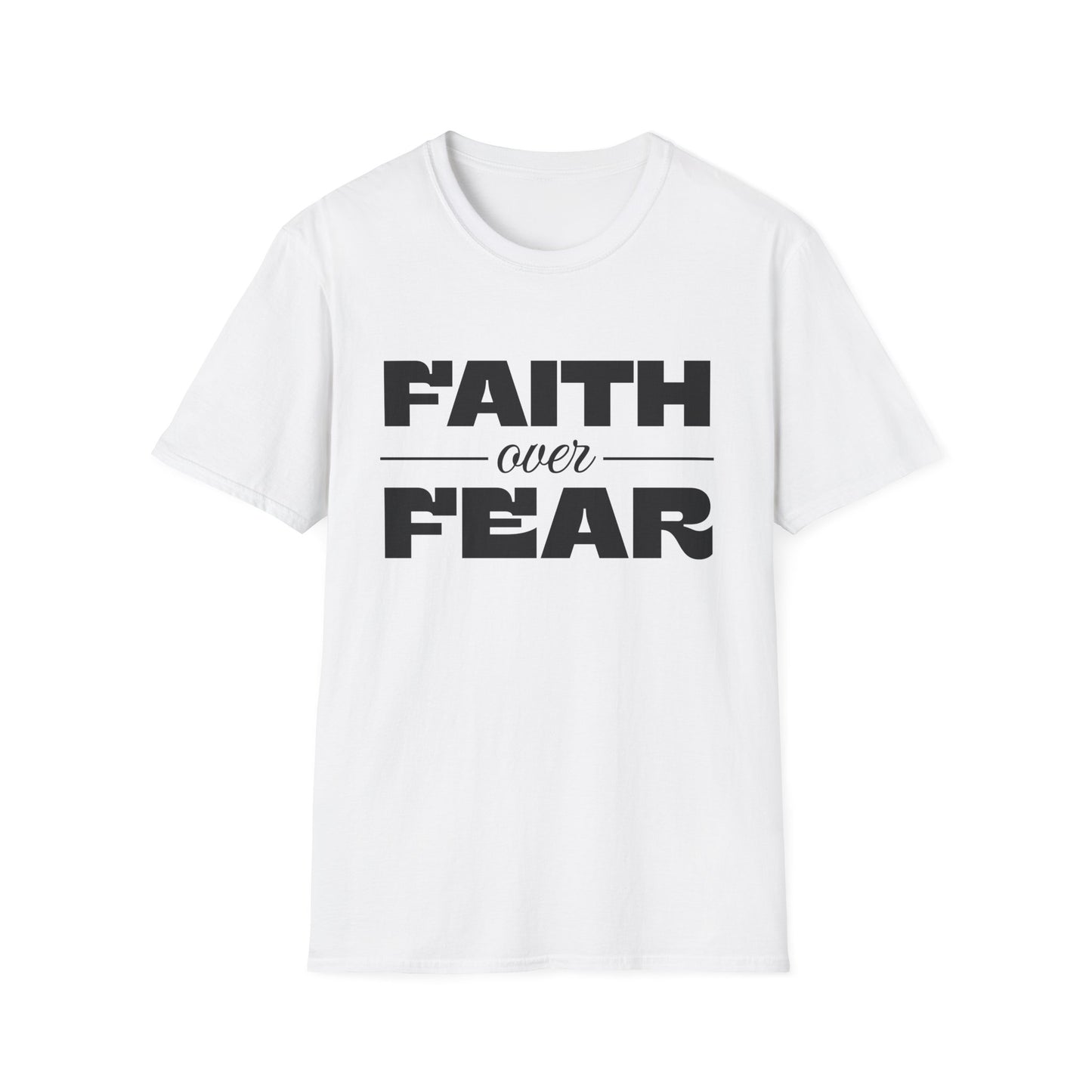 White t-shirt with 'Faith over Fear' text on a white background