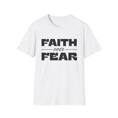White t-shirt with 'Faith over Fear' text on a white background