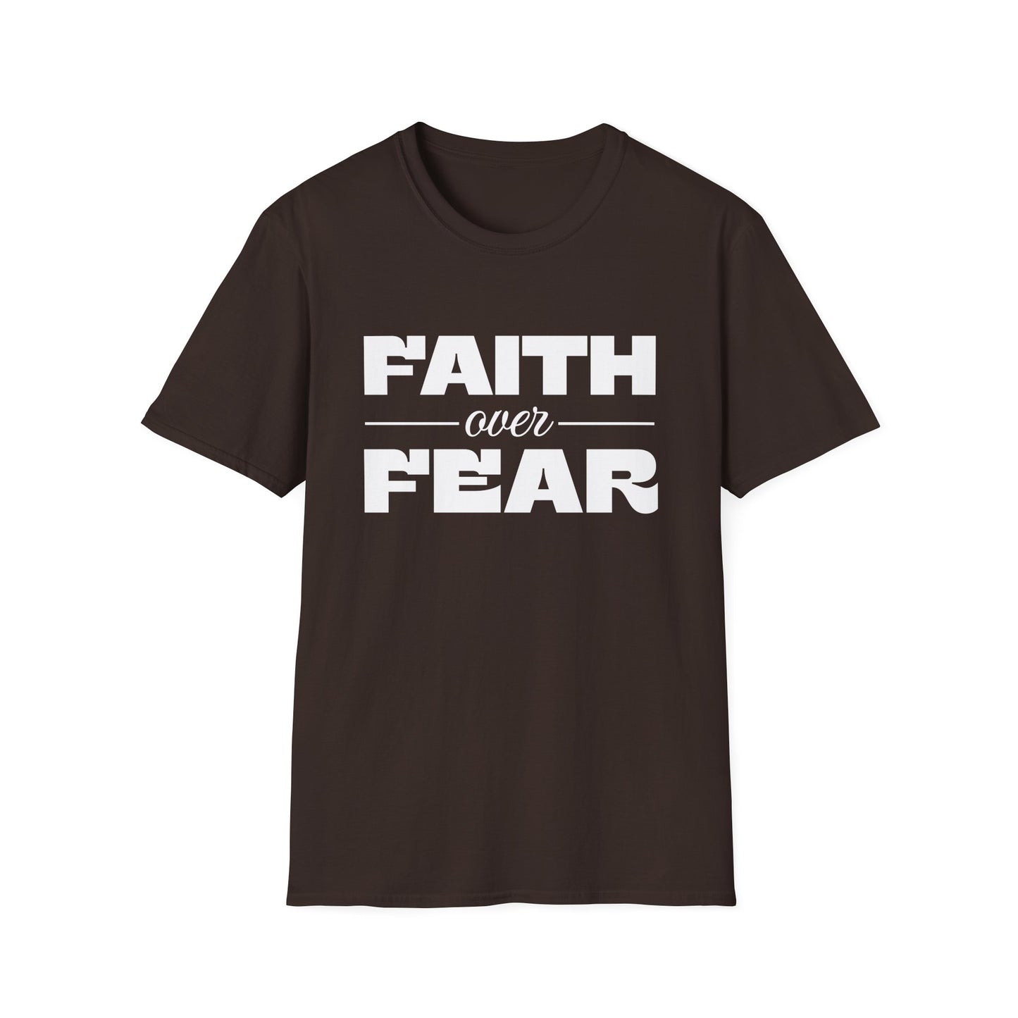 Brown t-shirt with 'Faith over Fear' text on a white background