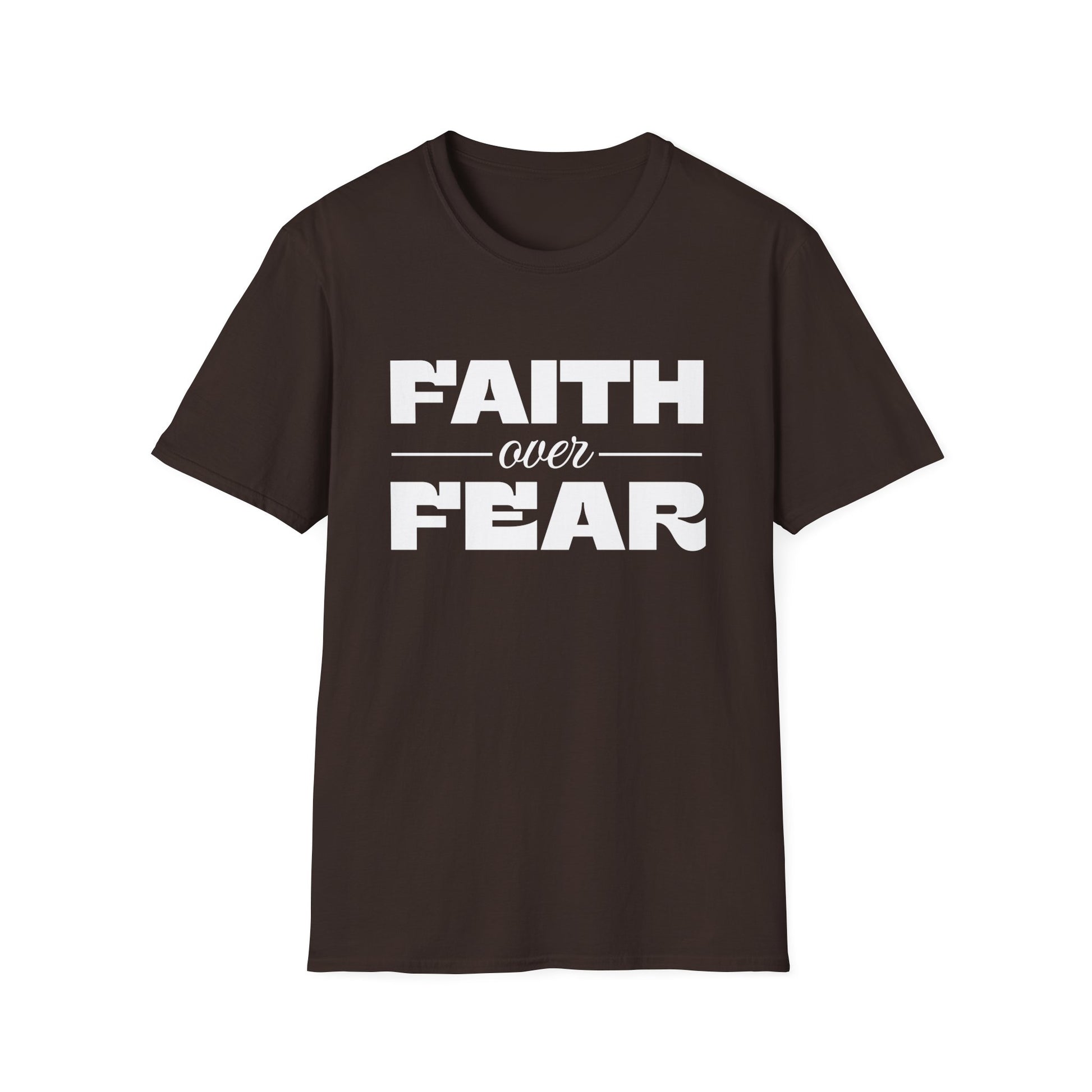 Brown t-shirt with 'Faith over Fear' text on a white background