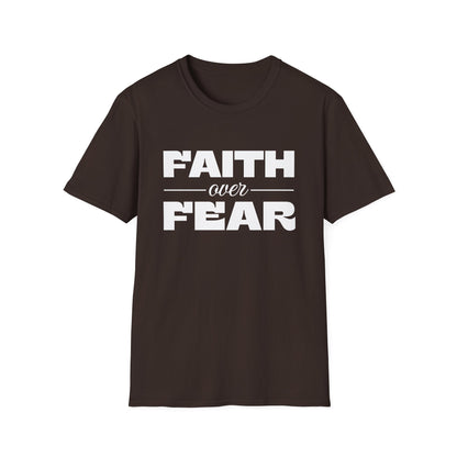 Brown t-shirt with 'Faith over Fear' text on a white background