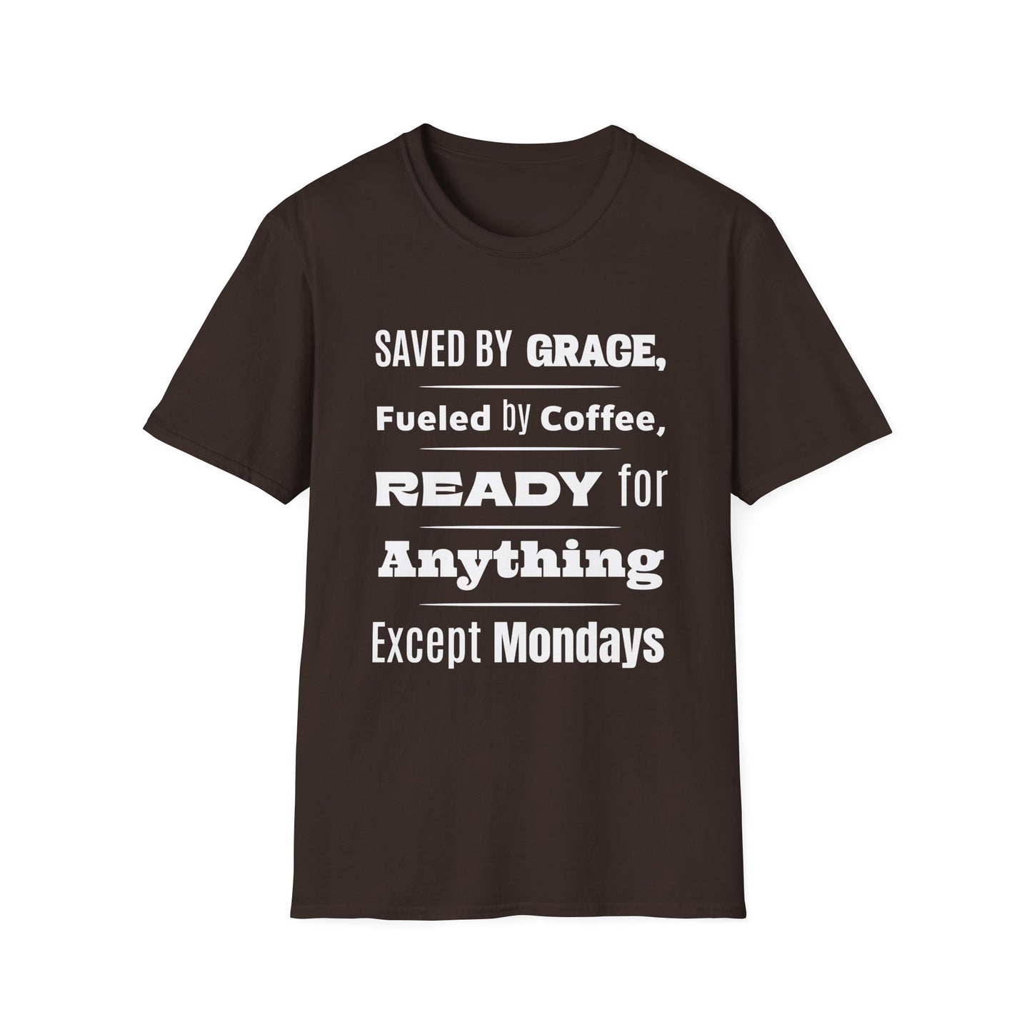 Brown t-shirt with white text on a white background