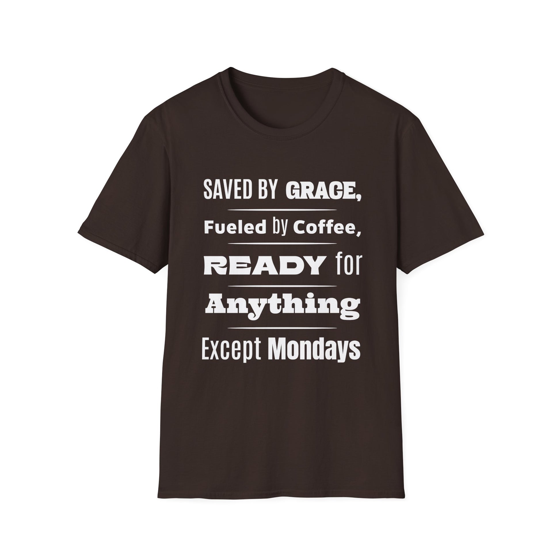 Brown t-shirt with white text on a white background