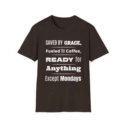 Brown t-shirt with white text on a white background