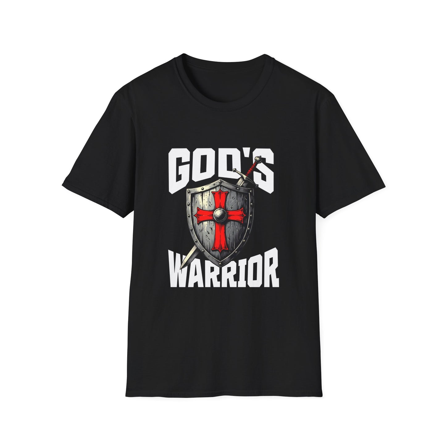 Black t-shirt with 'God's Warrior' graphic design on a white background