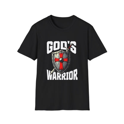 Black t-shirt with 'God's Warrior' graphic design on a white background