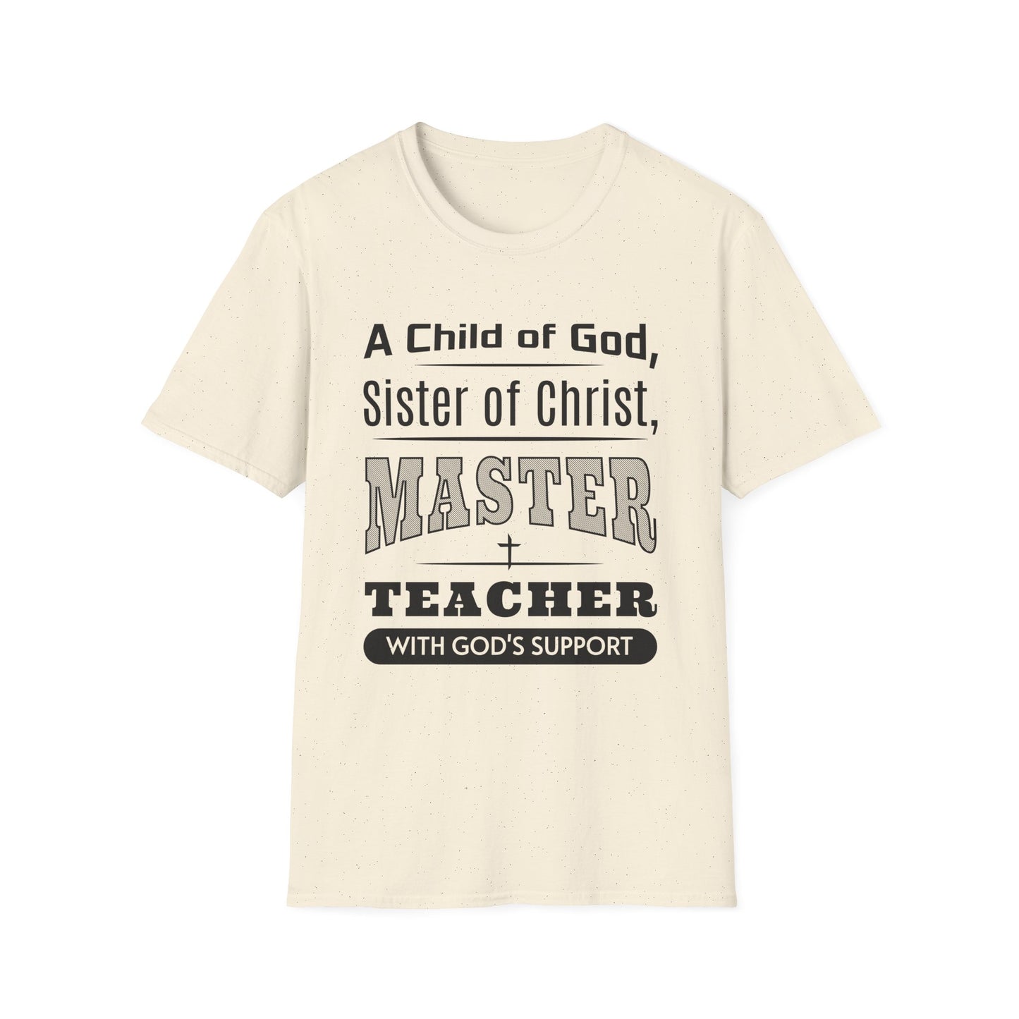 Beige t-shirt with black text on a white background