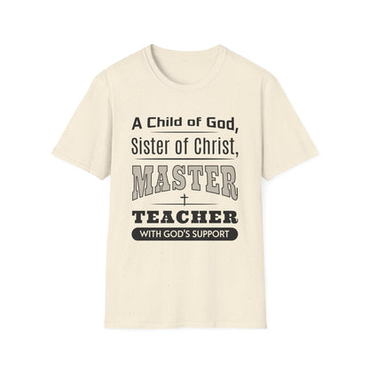 Beige t-shirt with black text on a white background