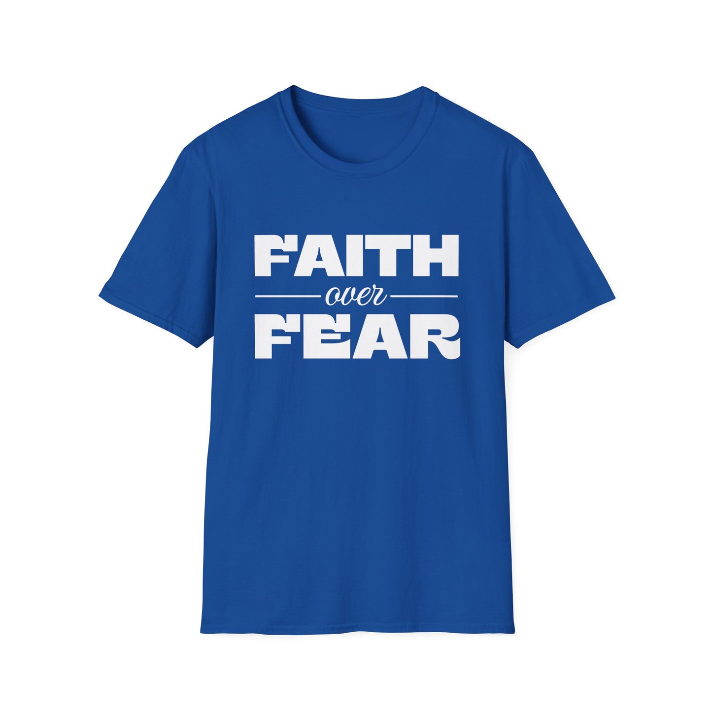 Blue t-shirt with 'Faith over Fear' text on a white background