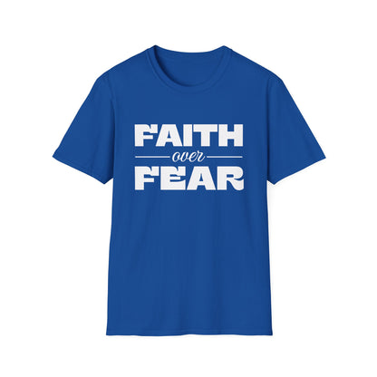 Blue t-shirt with 'Faith over Fear' text on a white background