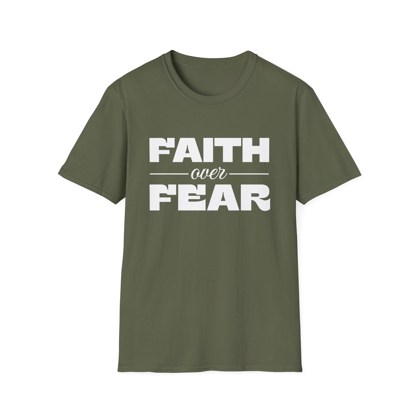 Green t-shirt with 'Faith over Fear' text on a white background
