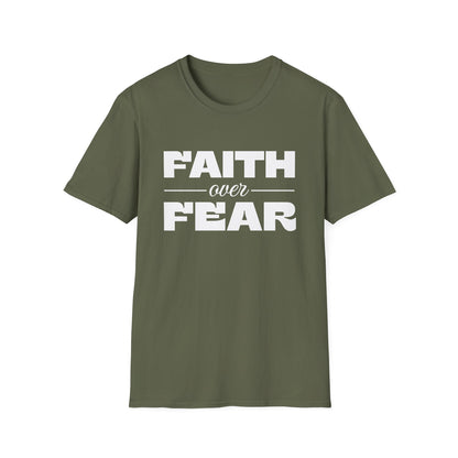 Green t-shirt with 'Faith over Fear' text on a white background