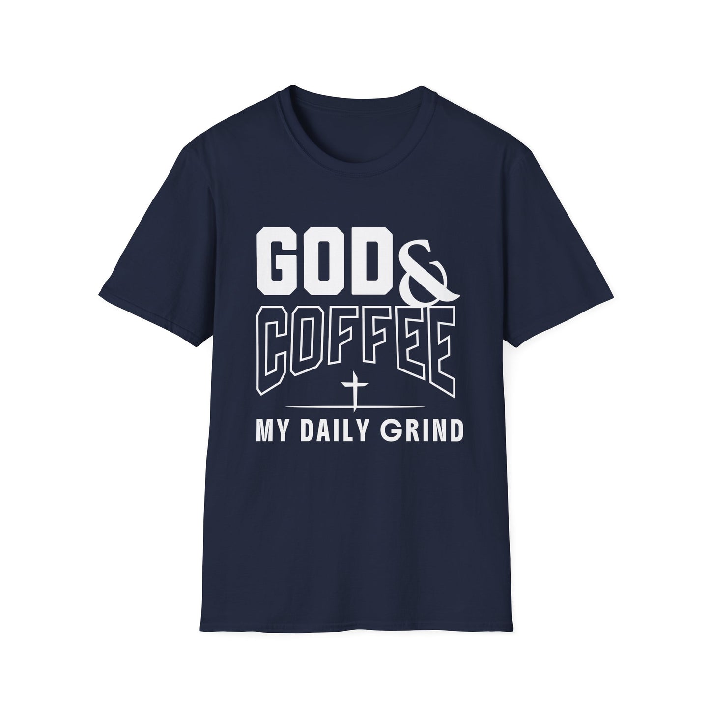 Navy blue t-shirt with white text 'GOD & COFFEE MY DAILY GRIND' on a white background