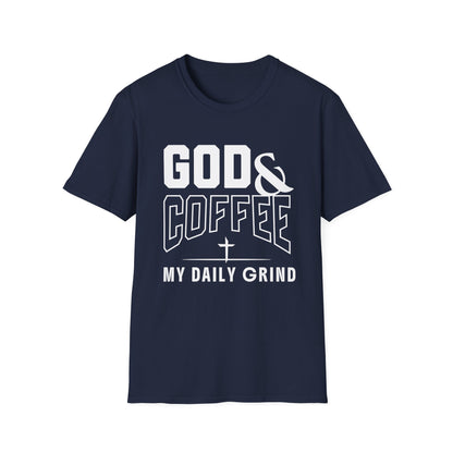 Navy blue t-shirt with white text 'GOD & COFFEE MY DAILY GRIND' on a white background